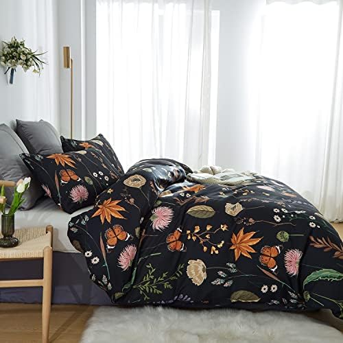 Floral Duvet Cover Set California King, 3 Pcs Soft Microfiber Black