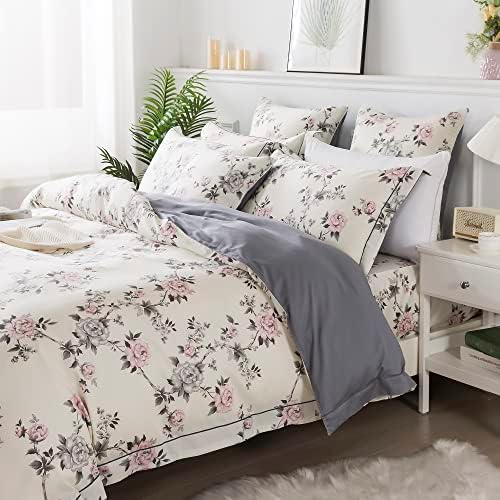 FADFAY Duvet Cover Set Queen Vintage Rose Floral Bedding Shabby Grey