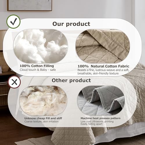 WDCOZY 100% Cotton Quilt Set, Pre-Washed, Cal King, Beige, 3 Pieces