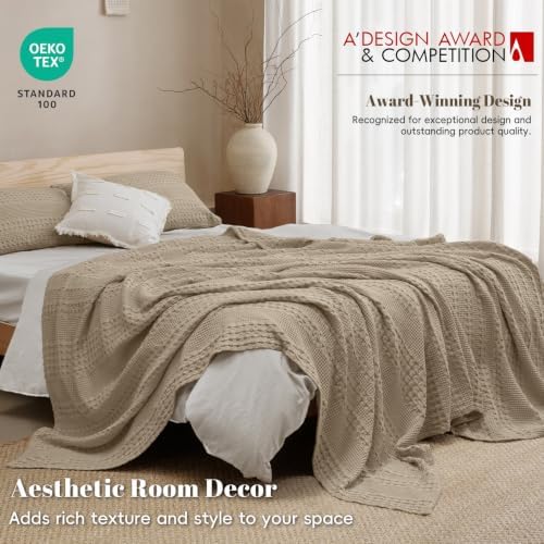 PHF Lightweight 100% Cotton Waffle Blanket for Bed, Queen, Taupe