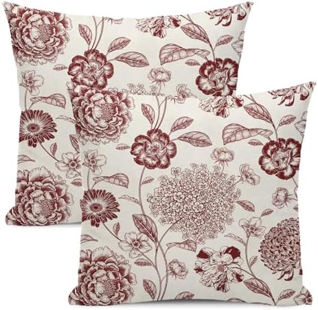 Floral Pillow Covers 18x18 Inch Set of 2 Vintage Burgundy Red Flower