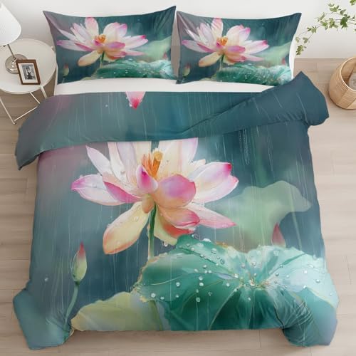 California King Duvet Cover Set Chinese Art Lotus Flowers Rainwater