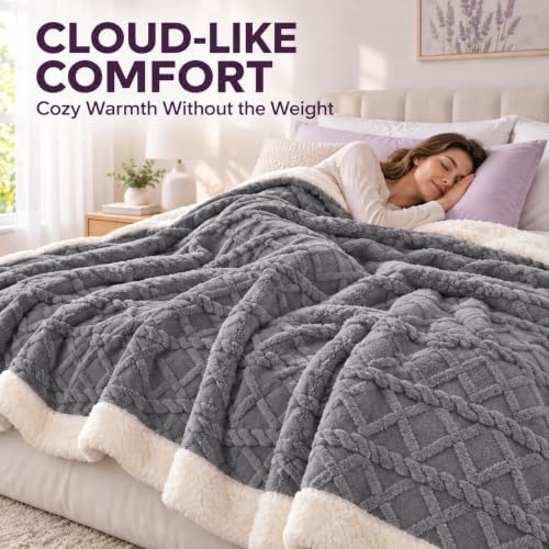 Twin Reversible Sherpa Fleece Soft Blanket for Bed,Grey,70"x80"