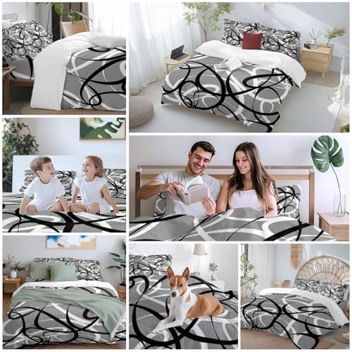 Grey Geometric Duvet Cover Set Queen Size,Retro Black White Abstract