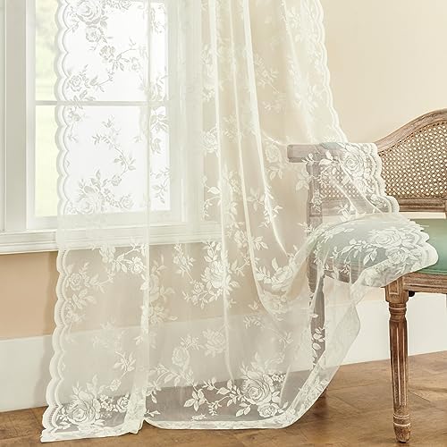 Ivory Lace Sheer Curtains 96 Inches Long 2 Panels Victorian Floral for