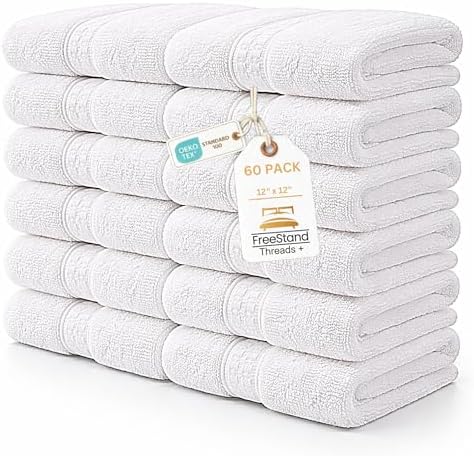 Threads+ 60 Pack White Wash Cloths, 100% Cotton, Soft & Absorbent