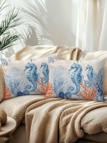 Throw Pillows 12x20 Set of 2, Blue Red Seahorse Coastal Waterproof