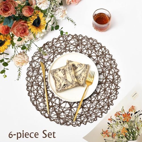 IcosaMro Brown Round Placemats Set of 6 for Dining Table, 13 Inches