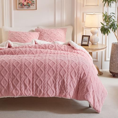 Joyreap 3-Piece Fluffy Faux Fur Sherpa Comforter Set Pink, Queen Size