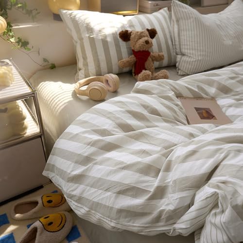 LifeTB Vintage Striped Duvet Cover Set Queen, 3 Pieces Khaki Grey