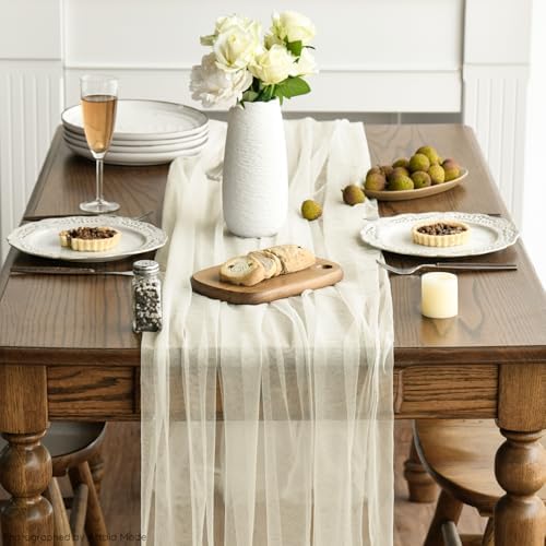 Artoid Mode 3PCS Beige Gauze Table Runner 120 Inch 10FT, Seasonal