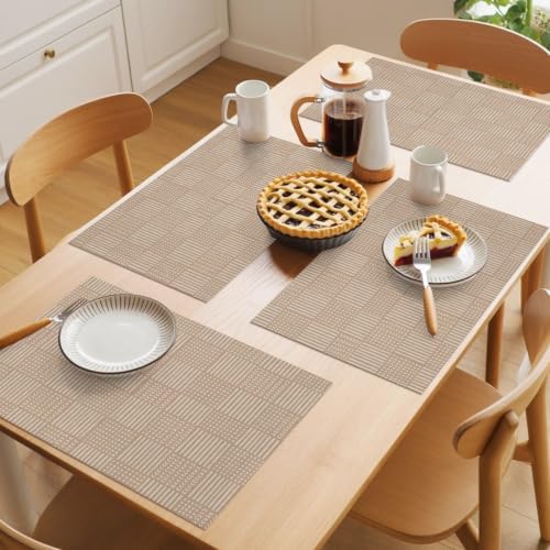 Minimalist Gingham Placemats Set of 8, Rustic Woven Grid Lines Beige