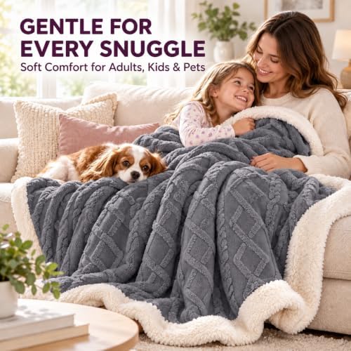 Twin Reversible Sherpa Fleece Soft Blanket for Bed,Grey,70"x80"