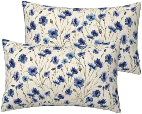 Blue Floral Throw Pillow Covers 12x20 Inch Set of 2, Vintage Flower