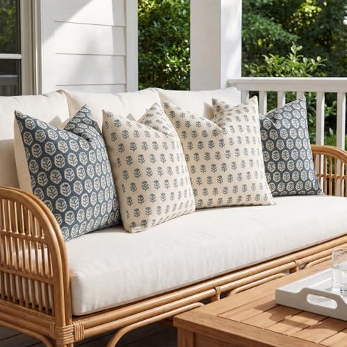 DEZENE Set of 4 18x18 Floral Pillow Covers, Farmhouse Neutral Print