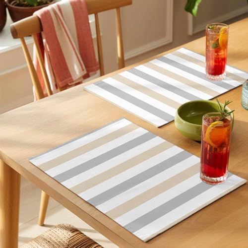 Placemats Set of 6, Beige Grey Striped Cotton Linen Place Mats