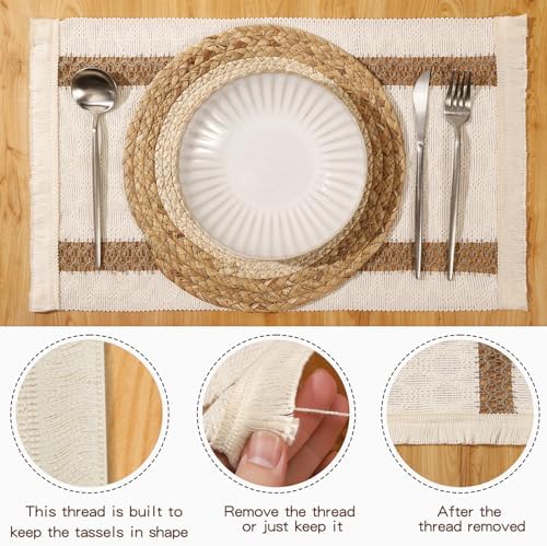 Handmade Boho Placemats Set of 4 | Natural Woven & Fabric Cotton Combo