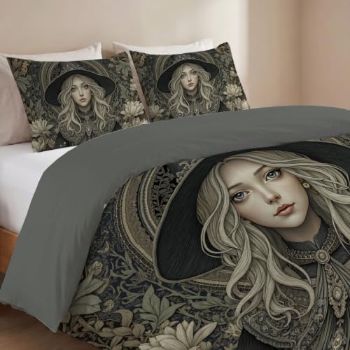 Charcoal Gray Retro Halloween Witch Duvet Cover Set For Women Girls
