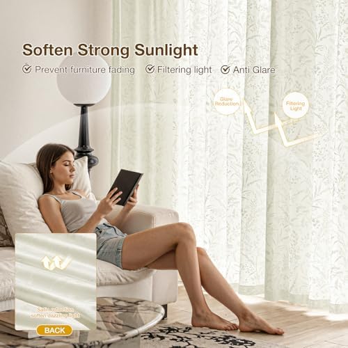 Anmao Cream Semi Sheer Light Filtering Extra Long Curtains 2 Panels
