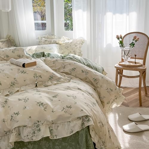 mixinni Reversible Green Floral Duvet Cover Set Twin XL Size - 100%
