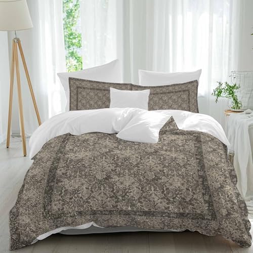 Grey Boho Bedding 3 Piece Duvet Cover Set Full Size, Vintage Ethnic