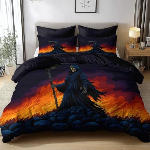 King Duvet Cover Set Gothic Skull Grim Reaper Bedding with Reversible