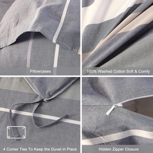 vctops 100% Washed Cotton Duvet Cover King Size 3 Pieces Grey Striped