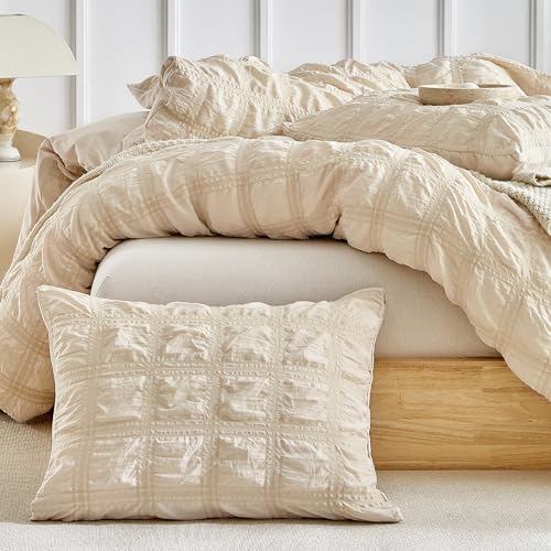 WARMDERN Seersucker Duvet Cover Set Beige King Size