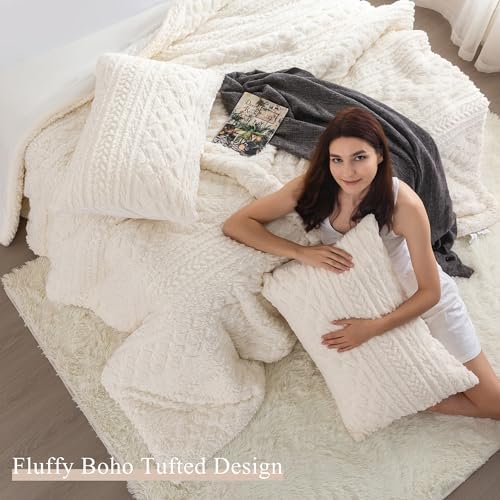 COTTEBED Sherpa Fluffy Comforter Sets KING Size Bed, Boho Tufted Cal