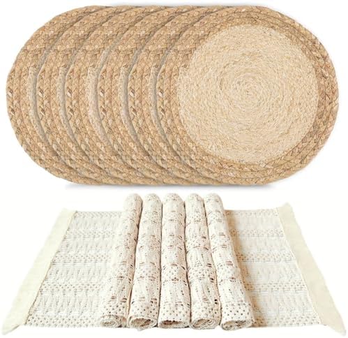 Handmade Boho Placemats Set of 6 - Natural Cotton Burlap and Water