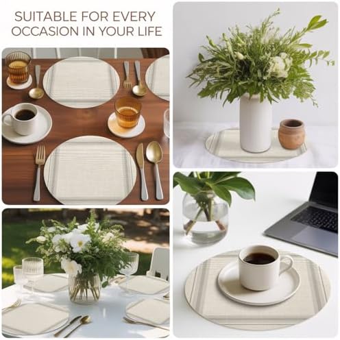 Minimalist Grid Faux Leather Placemats Set of 6, 15in, Waterproof Heat