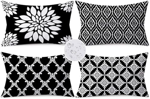 Outdoor Waterproof Throw Pillow Covers 12x20 Set of 4 Black and White