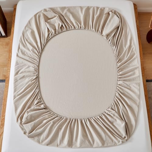 LweiPsqlin 100% Cotton Fitted Sheet Twin XL Size, Taupe Gray Gingham