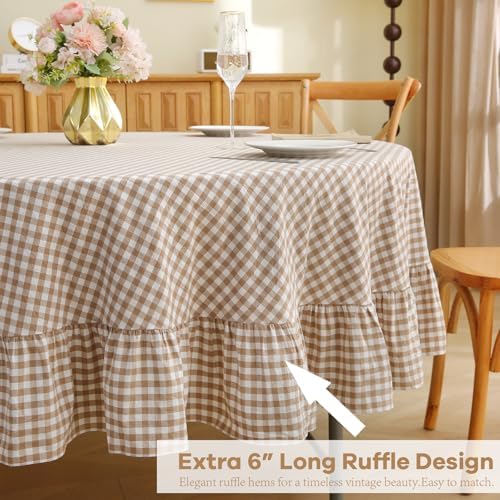 CNPYZH Taupe White Gingham Ruffled Tablecloth Dia.90 inches