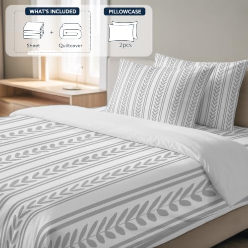 Full Duvet Cover Set 4 Piece, Modern Rustic Boho Leaves Stripe Soft
