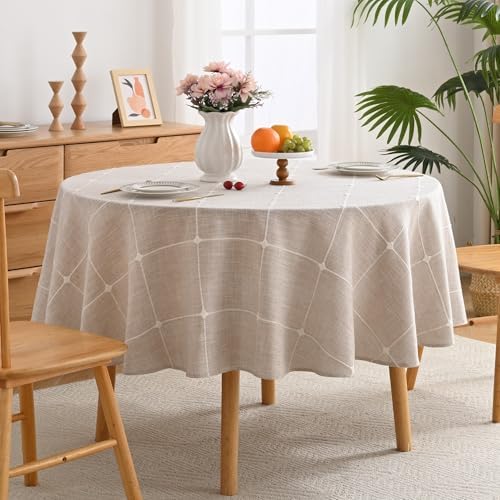 Lattice Embroidery Plaid Round Tablecloth, Round 70 Inch, Beige