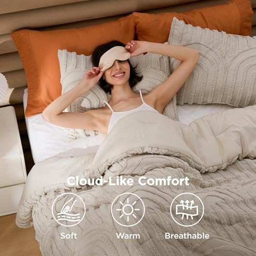 Bedsure Boho Comforter Set King,Bedroom Decor Cozy Bedding Set Beige