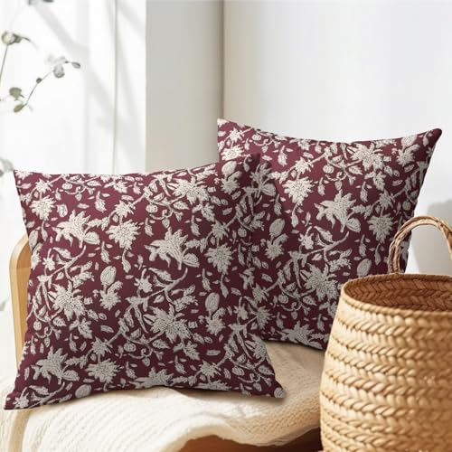 Wine Red Floral Block Print Throw Pillow Covers 18x18 Inch Set of 2
