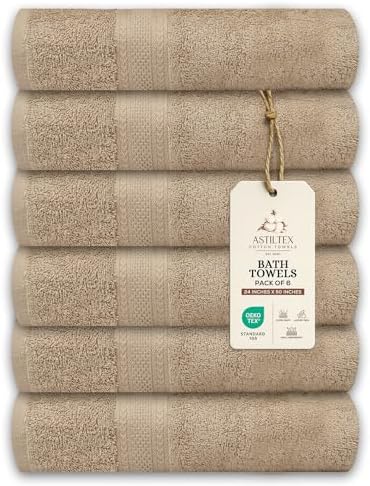 Bath Towels Pack of 6 – 24" x 50" – 100% Cotton Terry, Soft, Quick-Dry