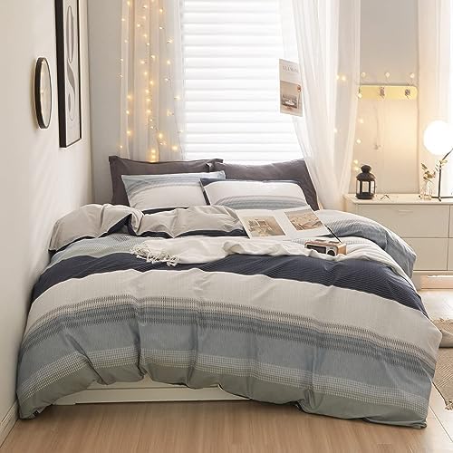 LifeTB Cotton Twin XL Duvet Cover Gray Blue White Striped Duvet Cover