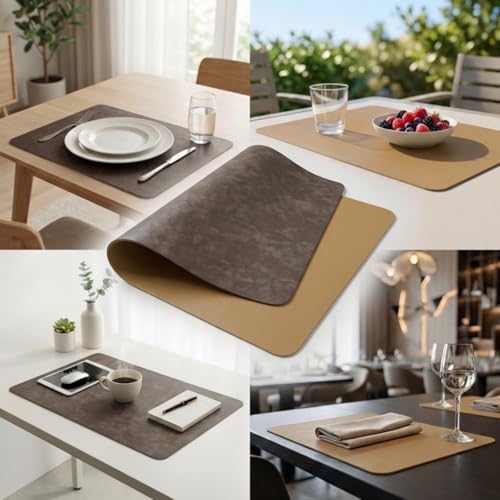 Faux Leather Placemats Set of 6, Taupe & Brownish Yellow