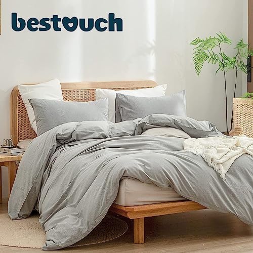 BESTOUCH Cotton Solid Duvet Cover Set Linen Feel Light Grey King