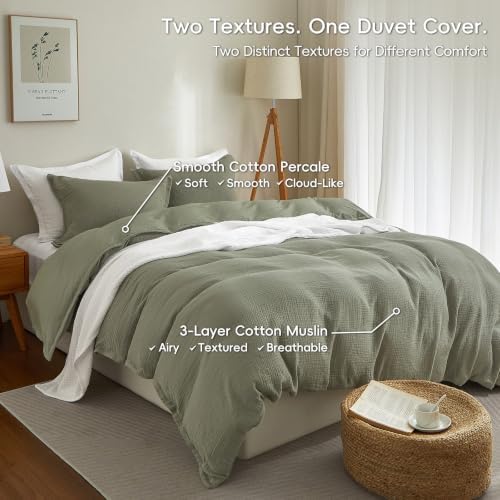 PHF 100% Cotton Muslin Duvet Cover Queen Size 3-Layer, 90"x90", Dusty