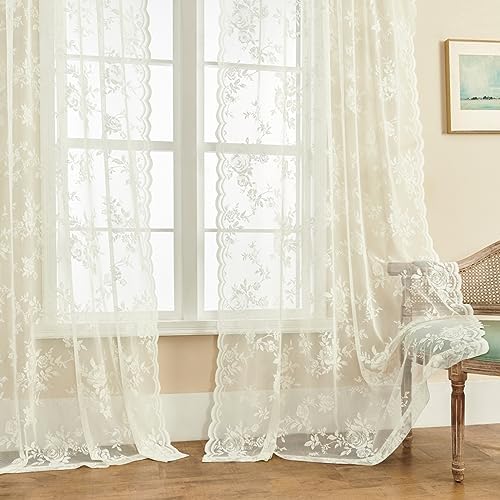 Cream Lace Curtains 108 Inches Long 2 Panels Victorian Floral Sheer