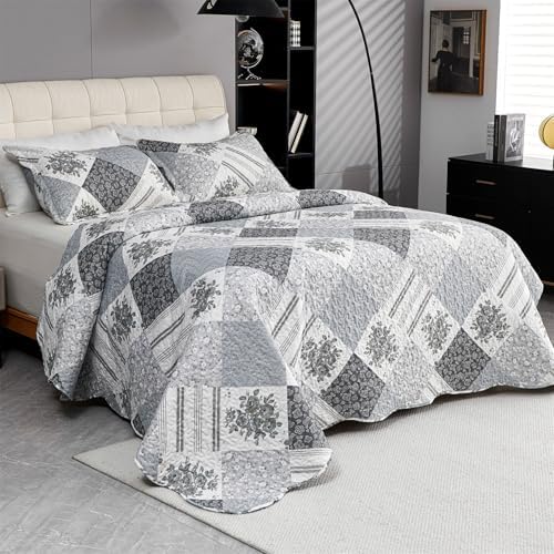 Cmfshape Summer Floral King Bedspread,Romantic Grey Quilt Set
