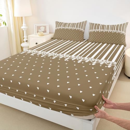 Erosebridal Taupe Heart Striped Bed Sheets Queen for Kids Girls Boys