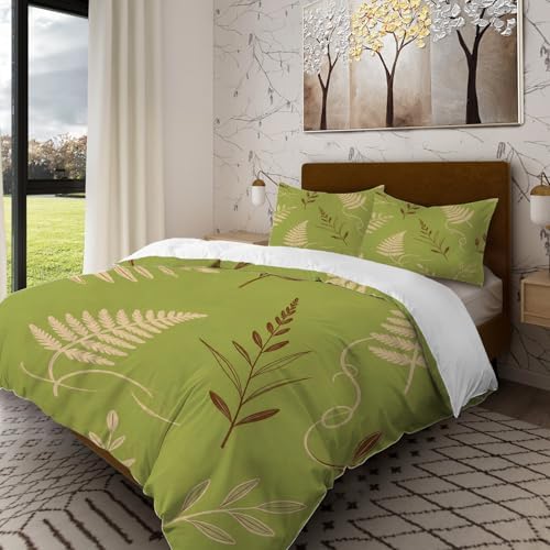 Batmerry Green Brown Branch Leaves Queen Size 100% Cotton Duvet Cover