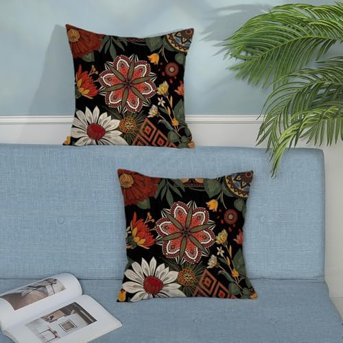 Boho Pillow Covers 18x18 Pack of 2 Black Red Floral Throw Pillow Cover