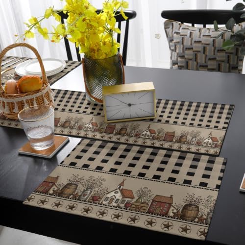 Farmhouse Check Table Runner and Placemats Set of 6 Modern Brown