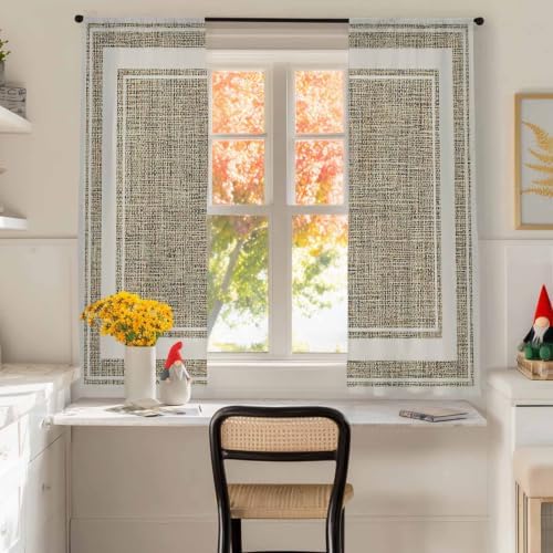 Beige Rustic Sheer Curtains 63 Inch Length 2 Panels Set, Farmhouse
